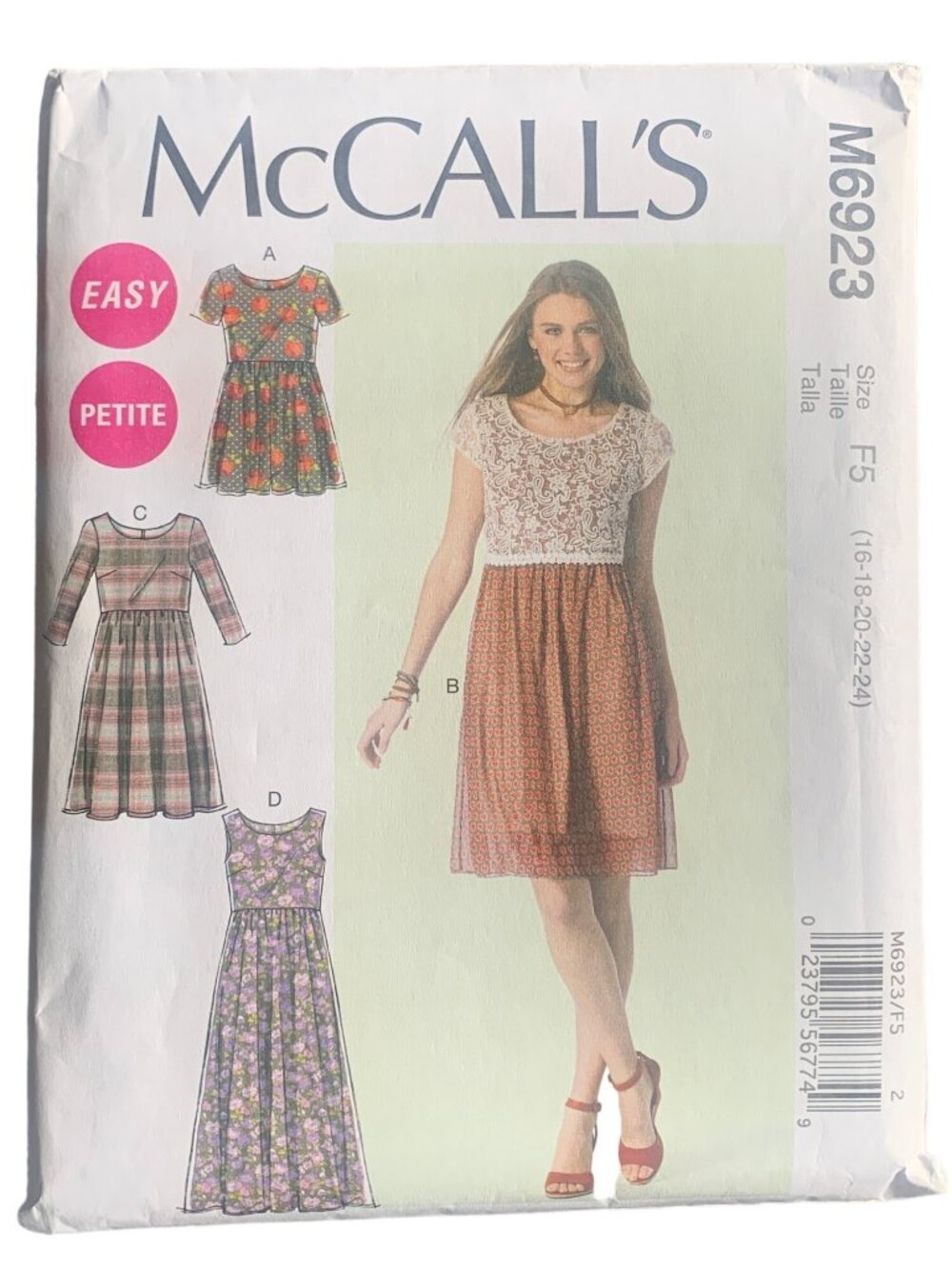 McCall's M6923 Easy Misses Dress Sewing Pattern Size 16-18-20-22-24 Uncut